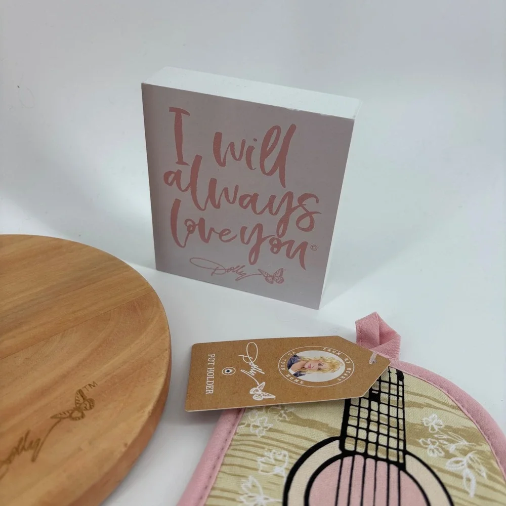 Dolly Parton Kitchen Country Farmhouse Decor Set 5pc Pink Gold Butterfly NWT New